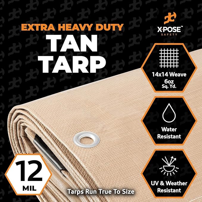 Heavy Duty Tan Poly Tarp 6' X 10' (2-Pack) - Multipurpose Protective Cover - Durable, Waterproof, Weather Proof, Rip and Tear Resistant - Extra Thick 12 Mil Polyethylene - by Xpose Safety
