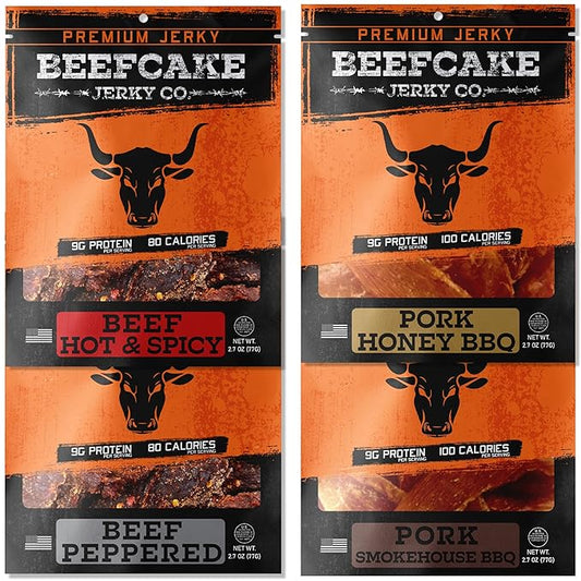BEEFCAKE Jerky Mixed Favorites, Pork & Beef Jerkey Variety Pack Premium Snacks, 9 Gram of Protein & 100 Calories 2.7 Oz | Pack of 4