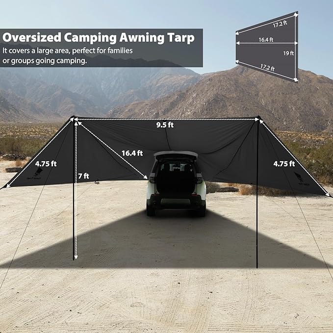 GEERTOP Large Car Awning Tarp for Camping Backpacking Tarp SUV Tailgate Truck Canopy Sun Shade Waterproof Outdoor Rear Vehicle Awning Shelter for Van, MPV, Campers