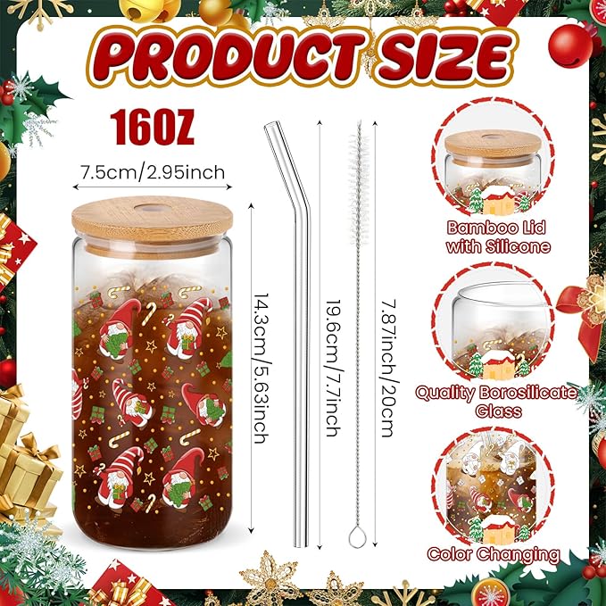 24 Pcs Christmas Color Changing Cups with Lids and Straws 16 oz Christmas Glass Tumblers Xmas Iced Coffee Cup Can Shape Drinking Glasses for Xmas Gift Party Favors Decor (Red Green Pattern)