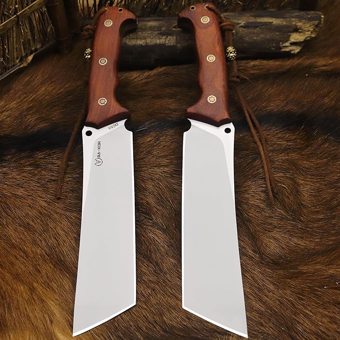 BA-KOR 14-inch full Tang 8mm thick DC53 steel-wood handle brass rivet reinforced one-piece knife + leather sheath - hunting, camping, survival, slicing, bone-cutting knife EDC, BBQ