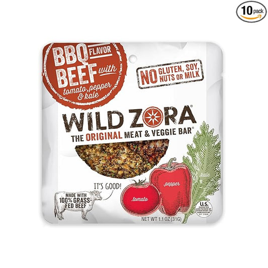 Wild Zora Meat & Veggie Bars, BBQ Beef, 10-Pack, 100% Grass Fed Beef, Healthy Jerky Paleo Snacks with Veggies, Gluten Free, Soy Free, High Protein, No Added Sweetener, Beef Jerky Snack Packs