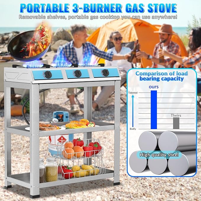 3 Burner Propane Gas Stove,40000BTU Portable Gas Stove with Support Leg Stand and Adapter Auto Ignition Camping Stove,propane burner for RV, Apartment, Outdoor Cooking
