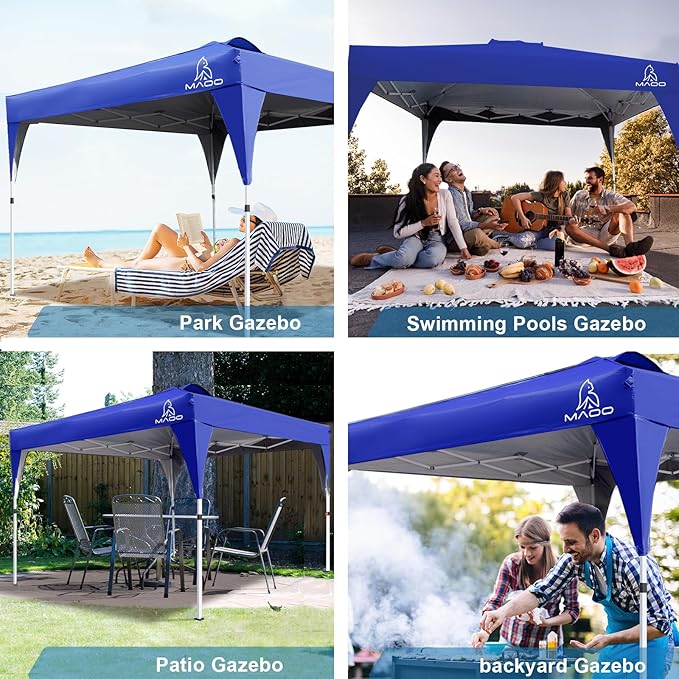 MAOO 10x10 Pop Up Canopy Tent with Sidewall - UPF 50+ Waterproof Commercial Instant Gazebo - Easy Setup for Parties, Beach, Camping - Wheel Bag, 4 Sand Bags, 8 Stakes & 4 Ropes - Blue