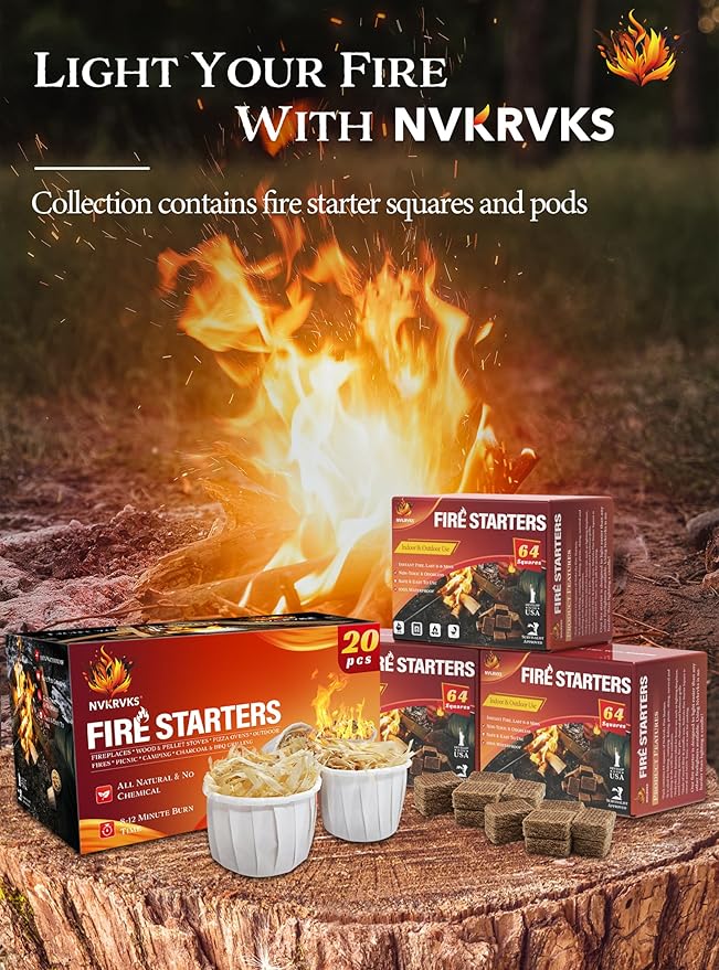 Fire Starter Squares 192, Natural & Odourless FireStarters Cubes for Campfire, Fireplace, Chimney and Barbecue, Water Resistant, Easy to Ignite, Safe Camping Accessories