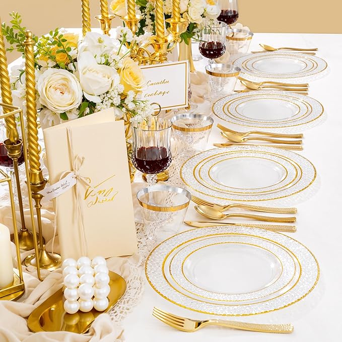 Ciaell 350PCS Clear Plastic Plates with Gold Trim for 50 Guests, Disposable Dinnerware Set for Wedding & Thanksgiving, Includes 100 Plastic Plates, 50 Pre Rolled Napkins with Gold Silverware, 50 Cups