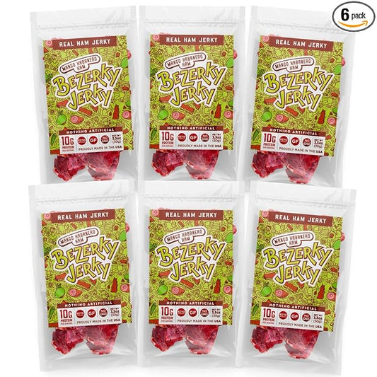 Old Fashioned Hot Jerky | Mango Habanero | Small Batch Handcrafted | Healthy Carnivore Ham | All American | Non-GMO | Gluten-Free | Low Fat | High Protein | Bezerky Jerky | 3.3 Oz (Pack of 6)