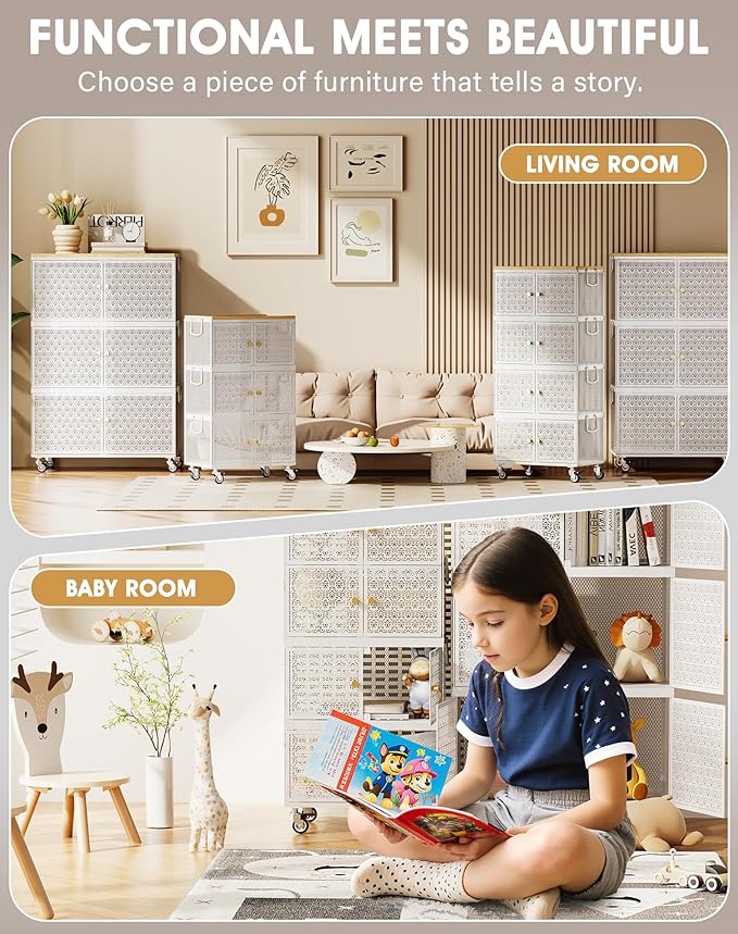 4 Tier Metal Storage Bins and Boxes Organizer, Magnetic Doors & 360°Swivel Lockable Wheels, Easy,labor-Saving, Ocean Life Cutout Pattern, Eco-Aesthetic for Living Room,Bedroom,bathroom,kitchen