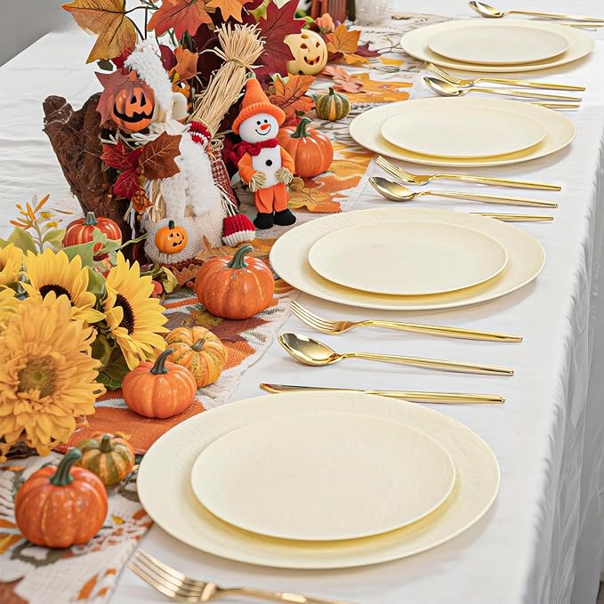 WONDERFUL 32pcs Heavy Duty Thanksgiving Plates Reusable Unbreakable & Dishwasher safe Ivory Plastic Plates Dishes Set Wedding Plate Frosted Design Includes:16 Dinner 10" and 16 Dessert Plate 7.3"