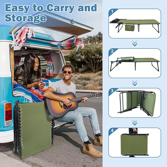 Folding Lounge Chair Outdoor with Insulated Cooler Bag Portable for Outside Patio Chaise Lounge Chair 5-Position with Pillow for Beach Sunbathing Pool Camping Lawn