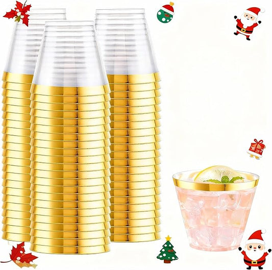 WELLIFE 200 PCS Gold Plastic Cups,9 oz Clear Plastic Cups,Disposable Wine Glasses,Plastic Cocktail Glasses for Party and Wedding