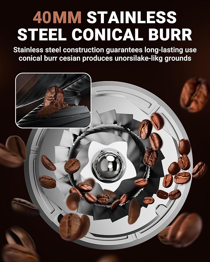 AMZCHEF Coffee Grinder, Coffee Bean Grinder for Home Use with Precise Grinding, LED Control Panel, Detachable Funnel Stand, Anti-static Design, 24 Grind Settings, Silver