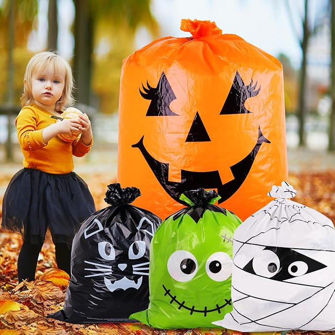 POPGIFTU 12 Pack Halloween Lawn Leaf Bags - Heavy Duty Plastic Trash Bags with Twist Ties, 6 Designs Large Pumpkin Yard Waste Bags for Garden, Lawn, Porch, Indoor Outdoor Halloween Decorations