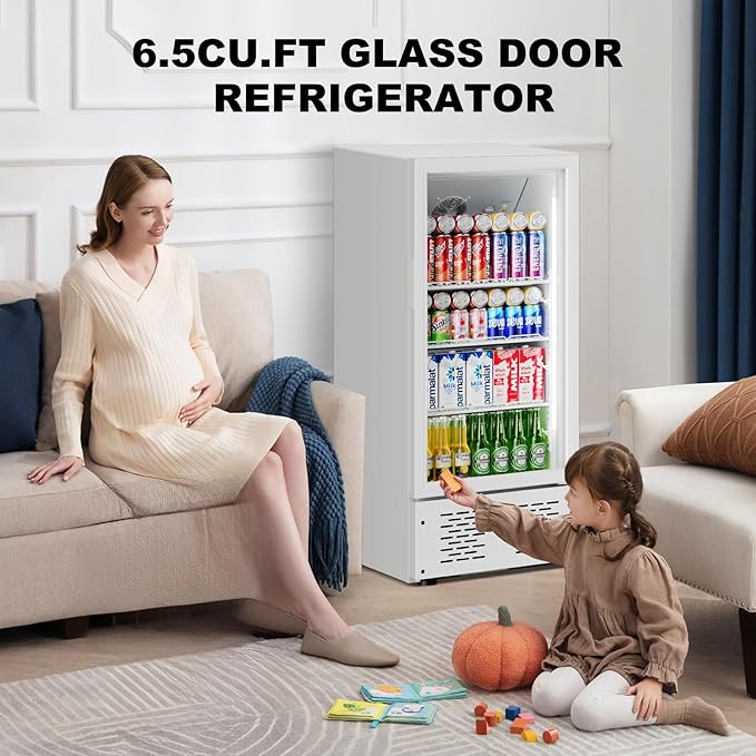 6.5 Cu.Ft Commercial Beverage Refrigerator Glass Door Drink Cooler with Soft Light and 5 Shelves, Display Refrigerator for Restaurant Store Cafe Office, White