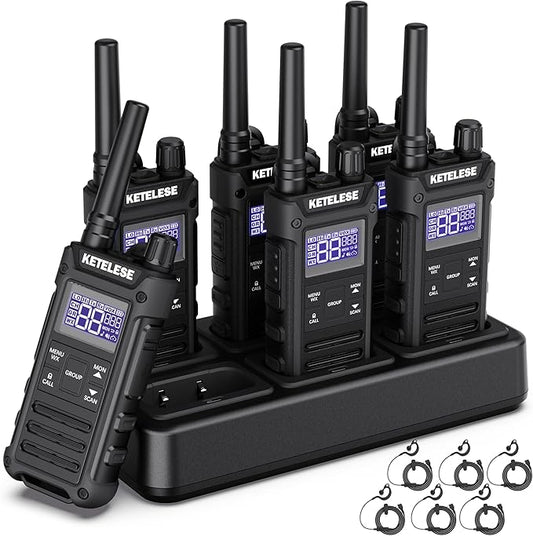T3G Heavy Duty Walkie Talkies Type-C Rechargeable, IP67 Waterproof 2 Way Radios with Earpiece, Adapter, Dock, PTT Group, NOAA, VOX, 6 Pack Walkie Talkie for Adult Black/Grey