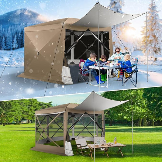 COBIZI 12x12 Pop Up Gazebo Screen House for Camping, Outdoor Canopy with Removable Roof & Sidewalls, Portable Hub Tent with Carrying Bag and Ground Stakes, Khaki (Upgraded 2.0)