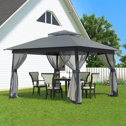 Auraway Outdoor Pop-Up Gazebo with Insect Screen & Dual-Layer Weatherproof Roof – Lightweight Gazebo for Camping, Beach Parties, Garden, and Backyard Events (Grey) (11x11)