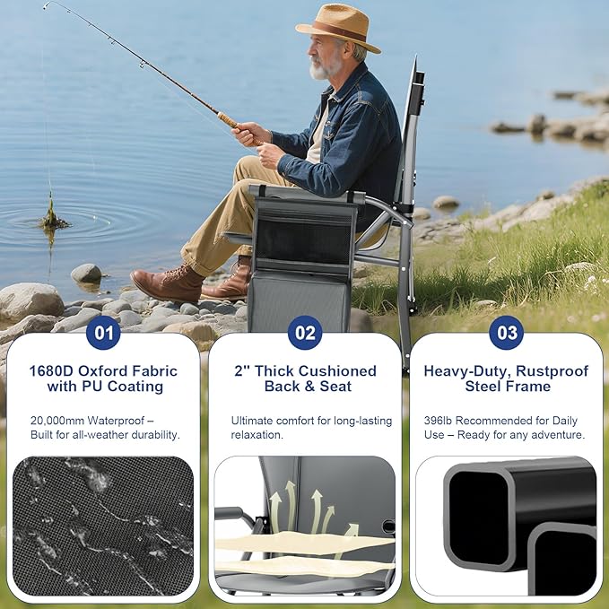 XL Heavy Duty Camping Chair 396lb Capacity (525lb Max) – Waterproof 1680D Oxford Fabric, 2" Padded Seat & Back, Cup Holder, Cooler Pocket, Portable for Camping, Beach & Tailgating (Onyx Black)