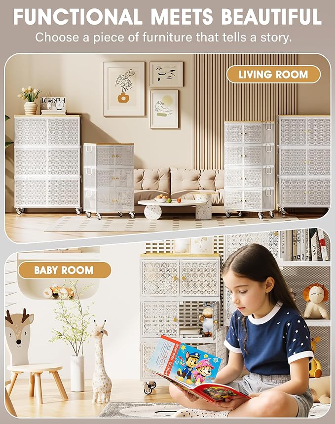 3 Tier Metal Storage Bins and Boxes Organizer, Magnetic Doors & 360°Swivel Lockable Wheels, Easy,labor-Saving, Ocean Life Cutout Pattern, Eco-Aesthetic for Living Room,Bedroom,bathroom,kitchen