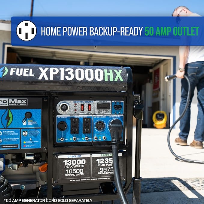 DuroMax XP13000HX 13,000-Watt Dual Fuel Portable Generator - Gas & Propane, Electric Start, Whole Home Power Backup, Transfer Switch Ready, RV & Emergency Ready