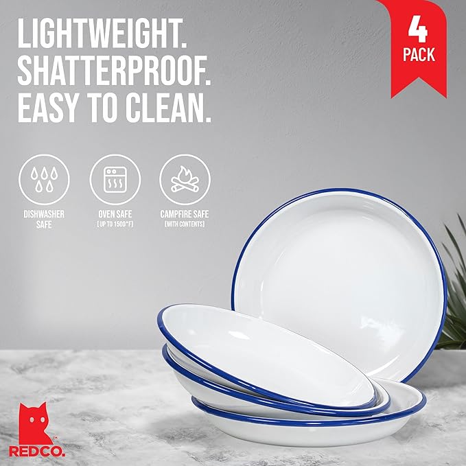 Red Co. Set of 4 Enamelware Metal 10” Round Camping Plates, Solid White/Navy Blue Rim