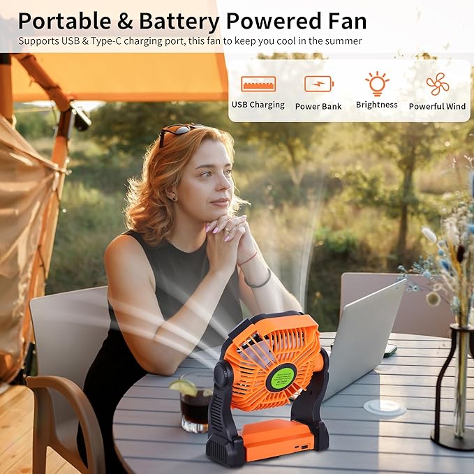 Portable Fan Battery Powered Fan Rechargeable,270°Pivot Battery Operated Camping Fans with LED Light & Hook,USB Personal Rechargeable Outdoor Camping for Tent, Travel