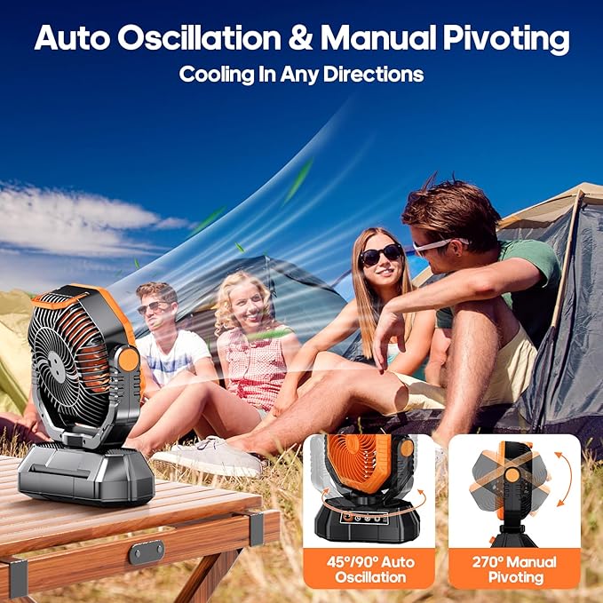 AJVV Camping Fan Rechargeable, Battery Powered Fan With Remote Controller, LED Light, Dual Motors, Stepless Speed, 45°/90°/270° Swing,Timer, Portable fan For Travel Tent Bedroom Beach Fishing, Orange