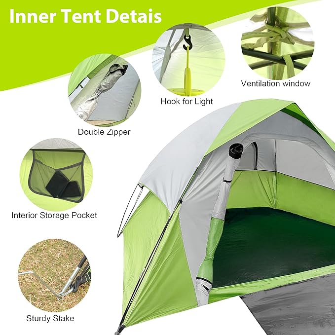 4 Person Dome Camping Tent, Double Layer Waterproof, Removable Rain Fly, for Outdoor Hiking, Fishing