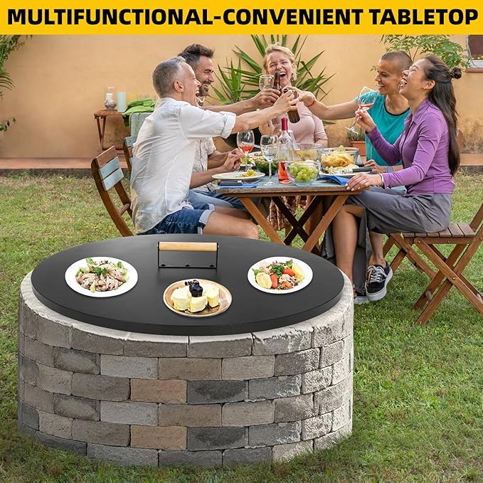 G GOOD GAIN Firepit Lid Round 30 Inch - Rust Resistant Fire Pit Lid Cover with Wooden Handle & Gloves, Fire Pit Snuffer Lid for Courtyards, Patio, Winter Cold Protection. Fits Fire Pits Up to 28"