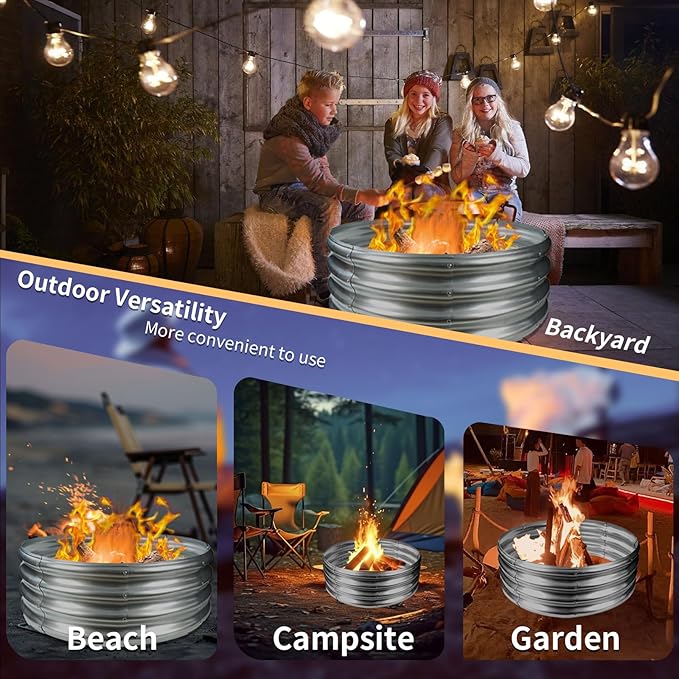 32 Inch Diameter Round Galvanized Fire Pit Ring/Fire Ring - Foldable and Perfect for Outdoor Gatherings and Campfires in The Yard/Garden/Park/Beach (Silver, 2.7 FT Diameter)