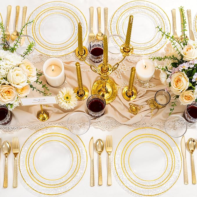 Ciaell 350PCS Clear Plastic Plates with Gold Trim for 50 Guests, Disposable Dinnerware Set for Wedding & Thanksgiving, Includes 100 Plastic Plates, 50 Pre Rolled Napkins with Gold Silverware, 50 Cups