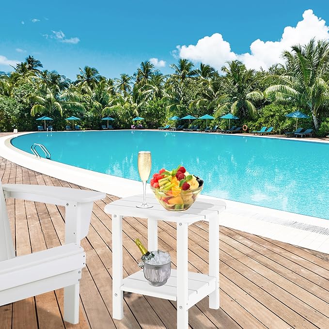 LZRS Double Adirondack Side Table, Outdoor Side Tables, End Tables for Patio, Backyard,Pool, Indoor Companion, Easy Maintenance & Weather Resistant(White)