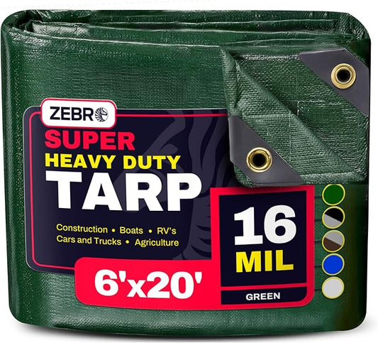 6' x 20' Green Heavy Duty Tarp with Grommets Reinforced - 16 Mil Thick - Double Sided Plastic Tarps Waterproof - Large Tarpaulin Cover for Outdoor Camping Over/Under Tent Tarp RV Roof Rain - Zebro