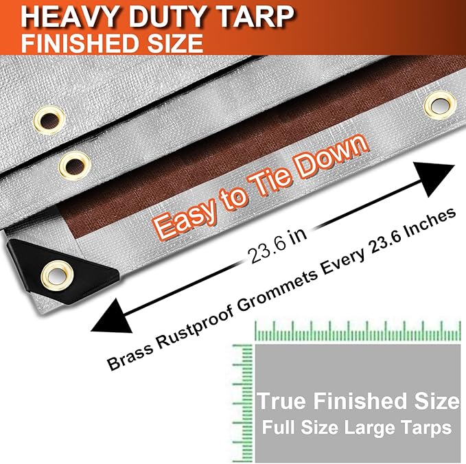 Waterproof Tarp 10x12 Ft Heavy Duty 16 Mil With Brass Grommets and Reinforced Edges, UV&Fade Resistant for Outdoor Camping Roof Pool Tent