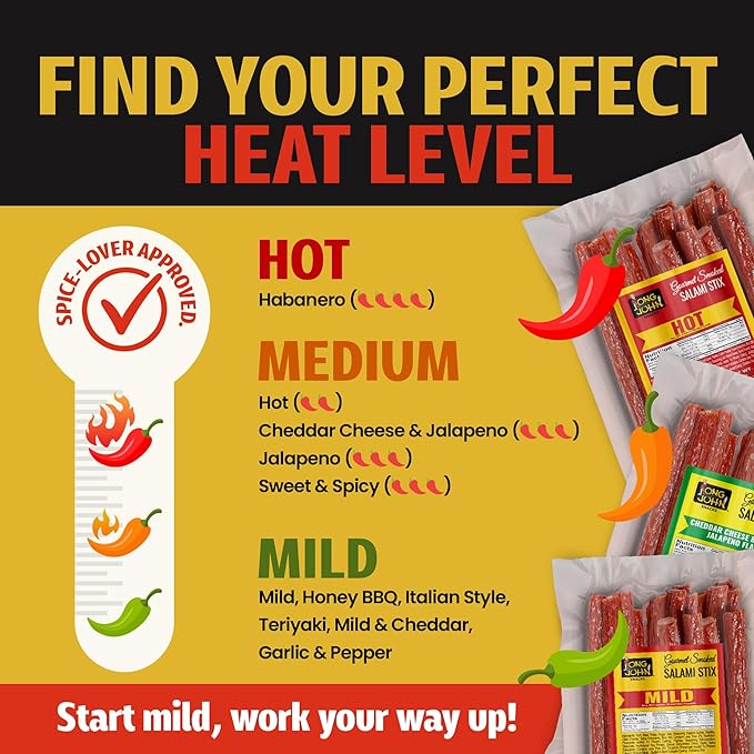 Long John Snacks Dried Salami Sticks - High Protein Smoked Meat Sticks Bulk Pack - Made From Fresh Premium Cuts of USA Beef and Pork - Low Carb, Gluten-Free, Keto Snacks - Sweet and Spicy, 16 Oz