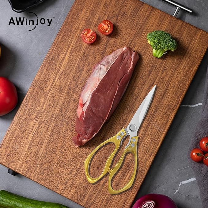 Heavy Duty Sharp Kitchen Scissors, Multipurpose Cutting Scissors for Meat, Chicken, Fish, Poultry, Herbs, Bread - Dishwasher Safe - Gift (Gold)