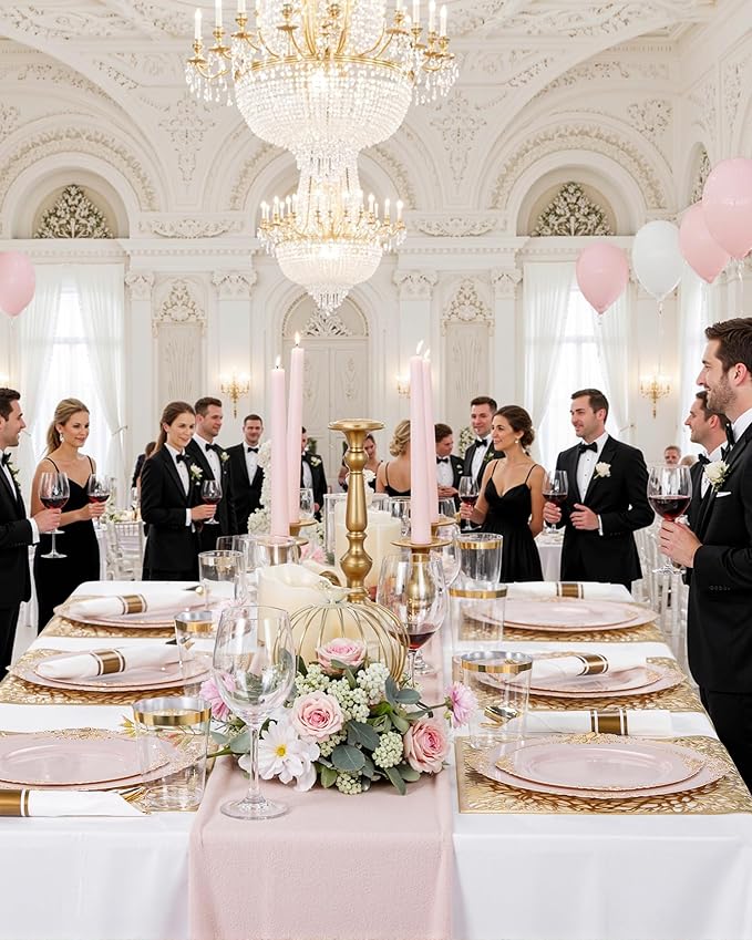 Nervure 100PCS Pink and Gold Plastic Plates - 7.5 inch Pink Plastic Plates with Gold Rim - Disposable Dessert Plate for Wedding & Party & New Year