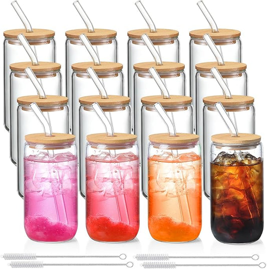 16 Pack Glass Cups with Lids and Straws 16 oz, Personalized Customizable Glasses for Gift, Business, Drinking glasses set, Iced Coffee Cup, Cute Aesthetics Tumbler for Tea, Homemade Drinks