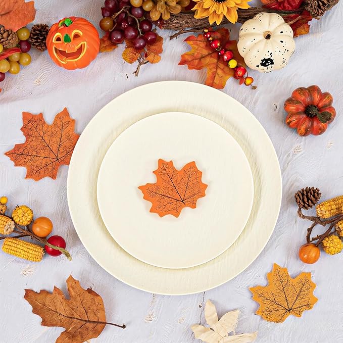 WONDERFUL 32pcs Heavy Duty Thanksgiving Plates Reusable Unbreakable & Dishwasher safe Ivory Plastic Plates Dishes Set Wedding Plate Frosted Design Includes:16 Dinner 10" and 16 Dessert Plate 7.3"