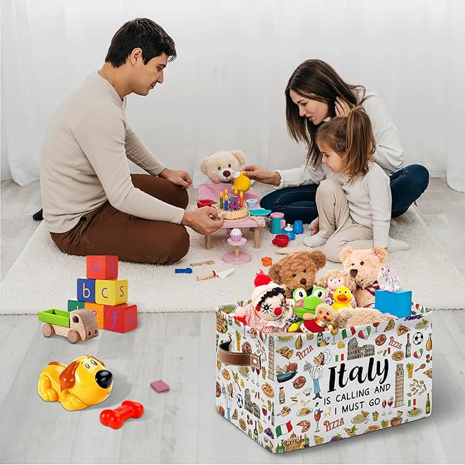 Italy Rectangle Storage Basket - Italy Themed Collection Collapsible Storage Baskets with Handles - Italian Toy Bin - Italian Souvenirs Storages Bin for Kids Clothes, Gifts, Books