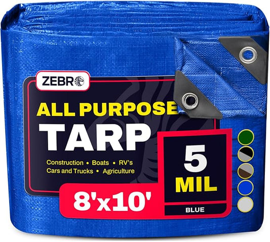 8' x 10' Blue Tarp with Grommets Reinforced - 5 Mil Thick - Durable UV Resistant Plastic Tarps Waterproof - Large Tarpaulin Cover for Outdoor Camping Over/Under Tent Tarp RV Roof Rain - Zebro