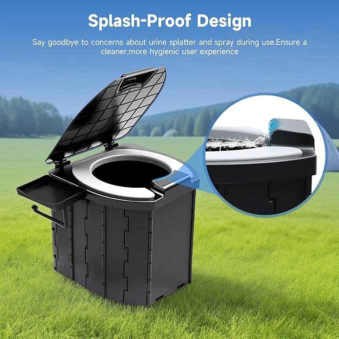 Camping Toilet Portable Potty - Upgraded Comfort Toilet Seat & Urine Splash Guard, Outdoor Foldable Travel Toilet for Camping, Hiking, RV Travel, Road Trips, Car & Truck Drivers