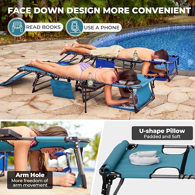 FUNDANGO 4 in 1 Tanning Chair with Face Hole, Beach Lounge Chair w/Canopy Shade & Side Table Chaise Lounge Chairs for Patio, Pool, Lawn, Sunbathing, 5-Position Adjustable Sun Lounger, Cyan