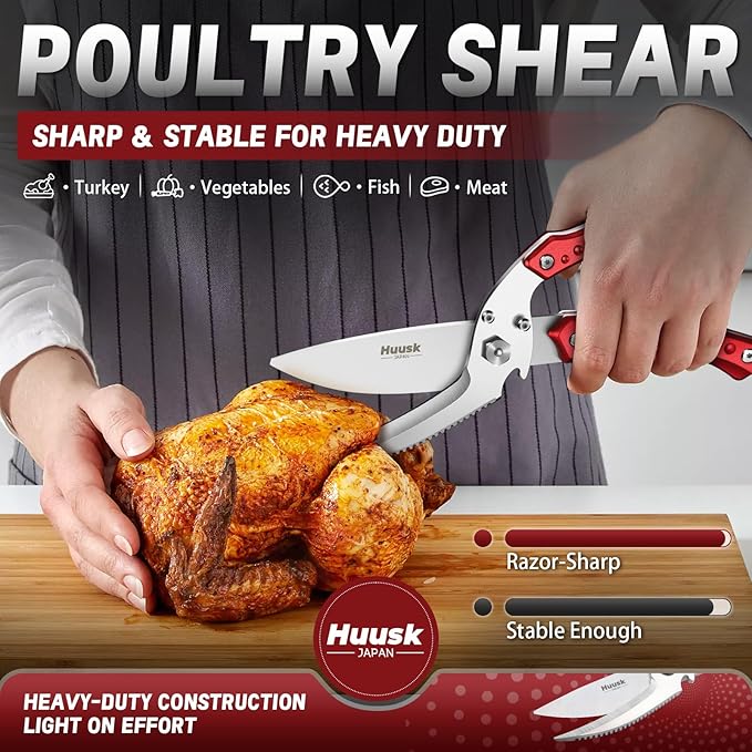 Huusk Kitchen Scissors All Purpose Detachable Poultry Shears with Serrated Edge Heavy Duty Cooking Scissors for Chicken Bone Turkey Fish Burgundy