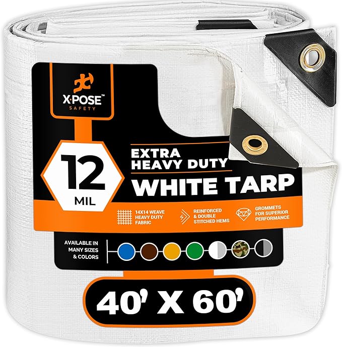 Heavy Duty White Poly Tarp 40' X 60' - Multipurpose Protective Cover - Durable, Waterproof, Weather Proof, Rip and Tear Resistant - Extra Thick 12 Mil Polyethylene - by Xpose Safety