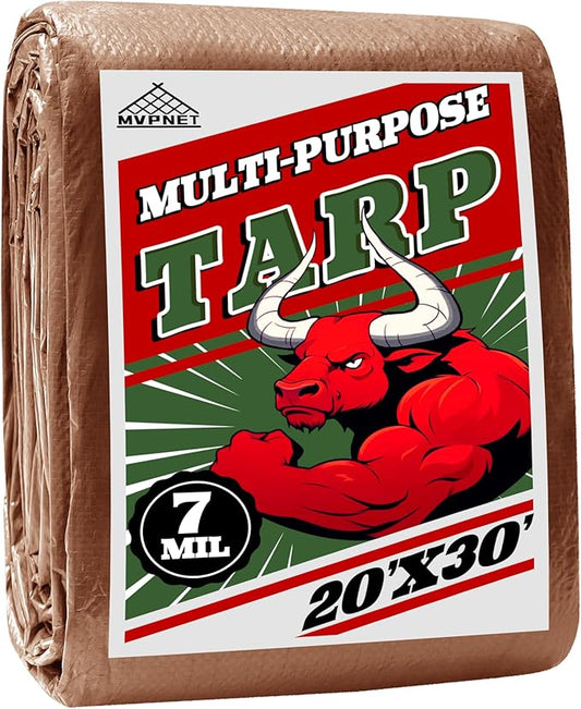 Tarp 20x30 ft 100% Waterproof 7mil Durable Grommets and Reinforced Edges,Uv Resistant,Green/Brown Tarp,Emergency Rain Shelter,Outdoor Cover and Camping Use -by MVPNET