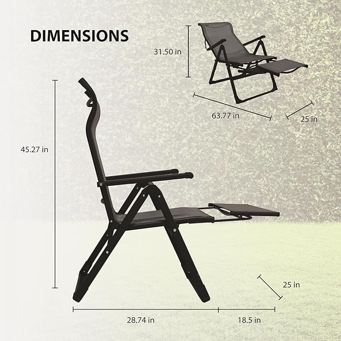 Caravan Sports Ergo+ Patio Folding Chair, Gray with Flip Out Footrest, 300 LBS Weight Capacity, 7 Recline Positions