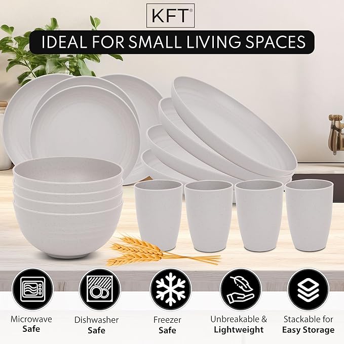 Wheat Straw Dinnerware Sets for 4 - KFT Lightweight & Unbreakable Dishes Microwave & Dishwasher Safe Perfect for Camping, Picnic, RV, Dorm Plates, Cups and Bowls (Gray)
