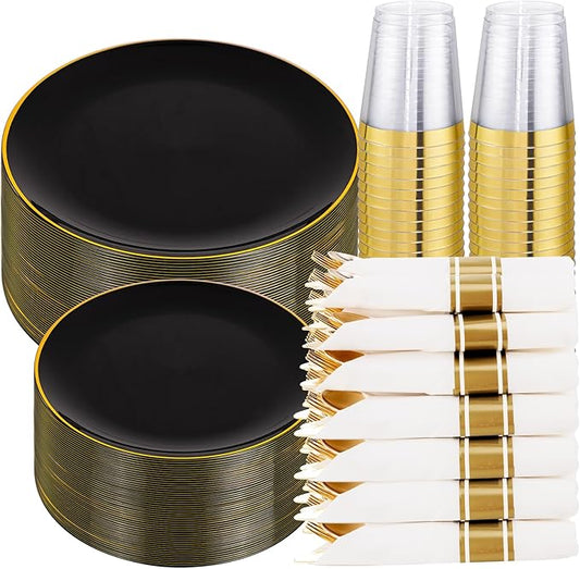 KIRE 350 PCS Plastic Dinnerware Set for 50 Guests - Black and Gold Plates 50 for Dinner 50 for Dessert & 50 Pre Rolled Napkins with Disposable Silverware 50 Cups for Halloween Party/Banquet/Wedding