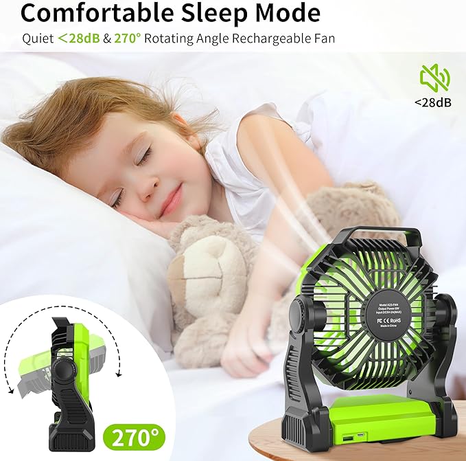 Rechargeable Portable Camping Fan for Tent with LED Light, 270°Pivot USB Personal Battery Powered Fan Outdoor Camping Essentials Battery Operated Portable for Travel X23 Green